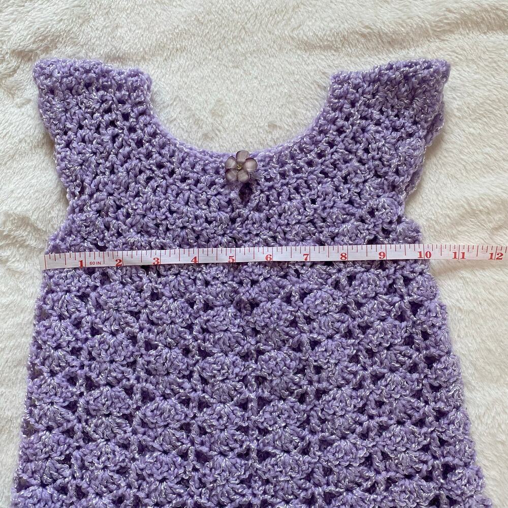 Girls Purple Knit Shirt Dress with Flower Button, Handmade - Picture 6 of 8